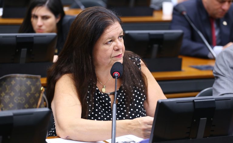 Deputada Laura Carneiro fala ao microfone. Ela é branca, tem o cabelo comprido e escuro, veste uma blusa preta com bolinhas brancas