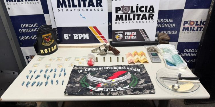Rotam prende homem com revólver e porções de drogas em Cáceres